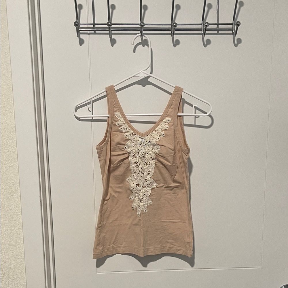 Bebe Vintage Y2K Beige Beaded Sleeveless Lace Appliqué Tank Top Cottagecore Boho